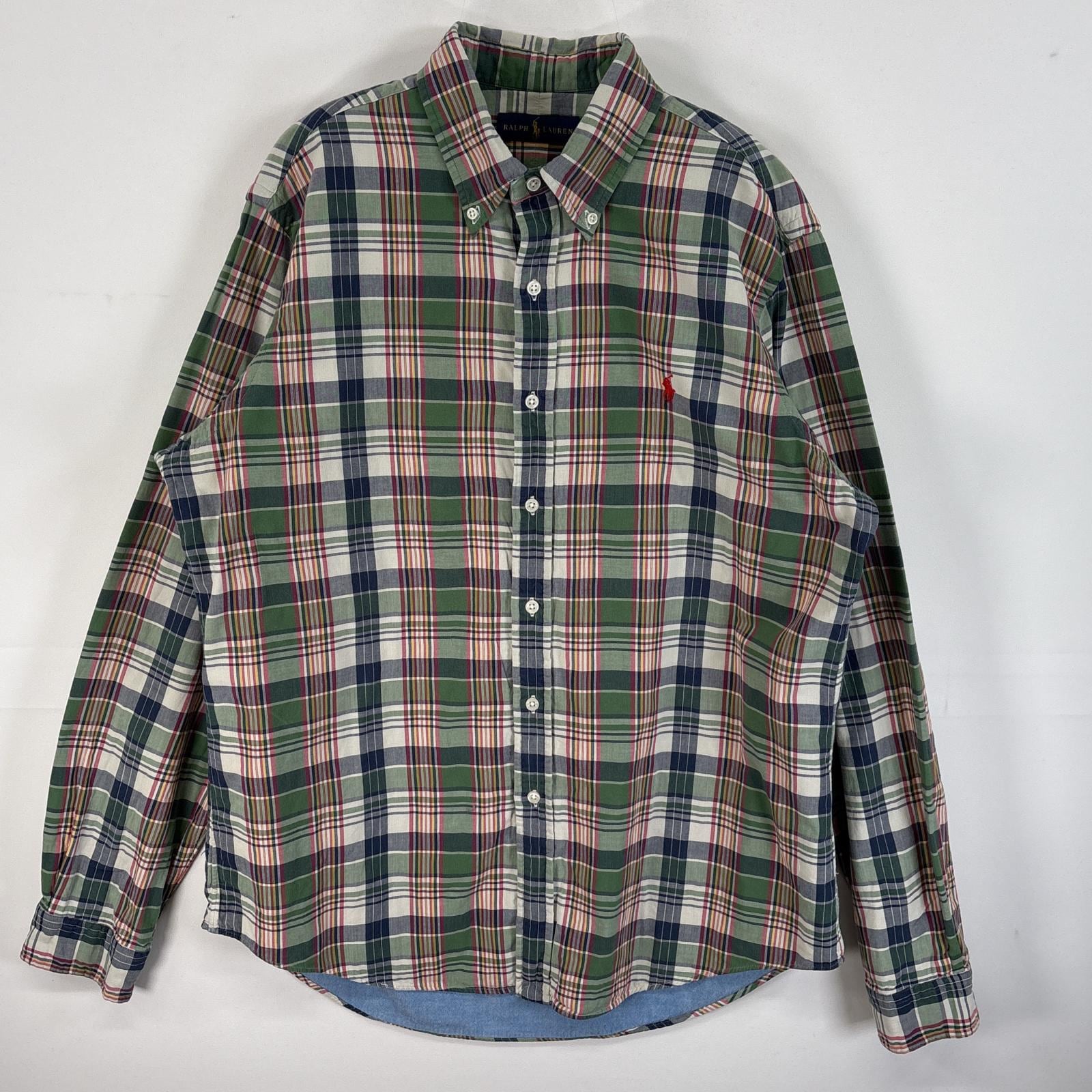古着 長袖シャツ ロゴ 刺繍 チェック柄 裏地付き L グリーン系 マルチカラー メンズ