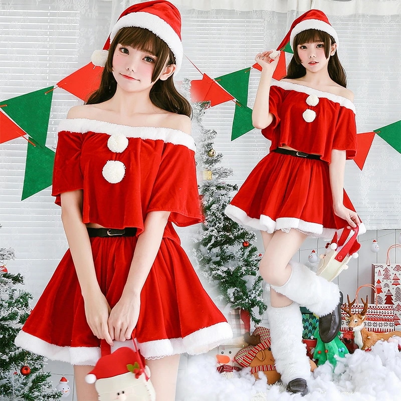 クリスマス サンタコス サンタクロース コスチューム セパレート オフショルダー ミニスカート 二の腕カバー サンタ衣装 サンタ服 コスプレ 赤 レッド 女性 大人 可愛い クリスマス衣装 仮装 サン