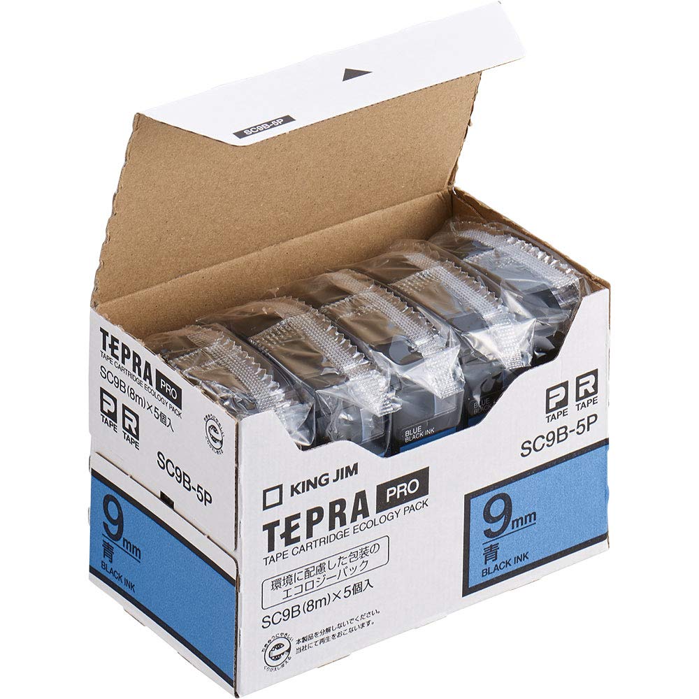 キングジム 【純正】 テプラPROテープカート リッジ エコパック5個入 9mm 青ラベル/黒文字 長さ8m SC9B-5P