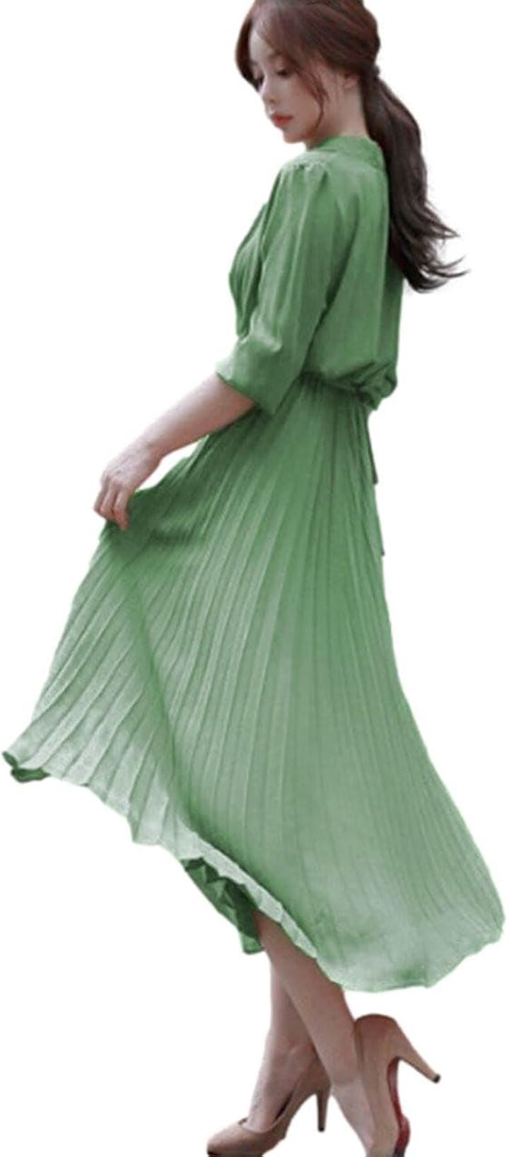 ブルーベリル シフォンワンピース ロング プリーツ レディース 長袖 ハイウエスト ウエストリボン フレア 春 秋 BB054(グリーン, L)