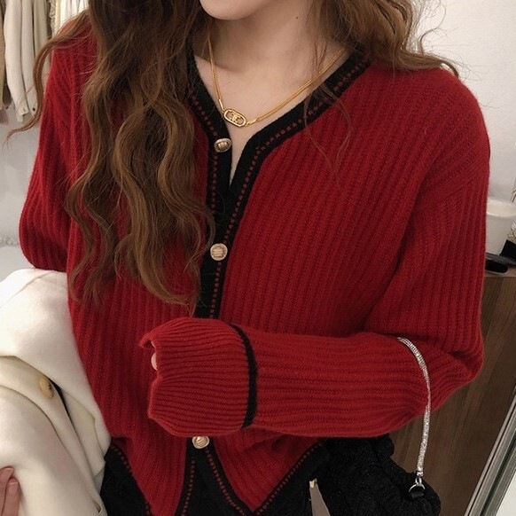 セーターカーディガン レッド トップス ニットソー セーター カーディガン スリム 細身 ストレート