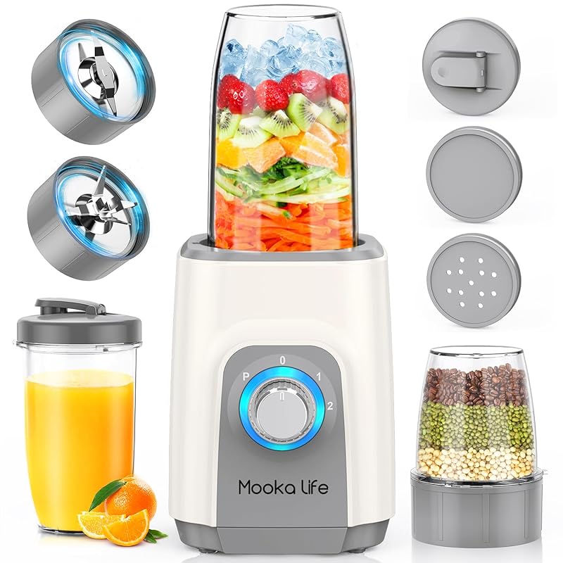 【国内即発】MOOKA LIFE ジューサー ミキサー スムージー 一台多役 三つボトル 500ml*2+300ml コーヒーミル ６枚刃 450Wハイパワー 高速回転 氷も簡単に砕ける 果物/野菜/