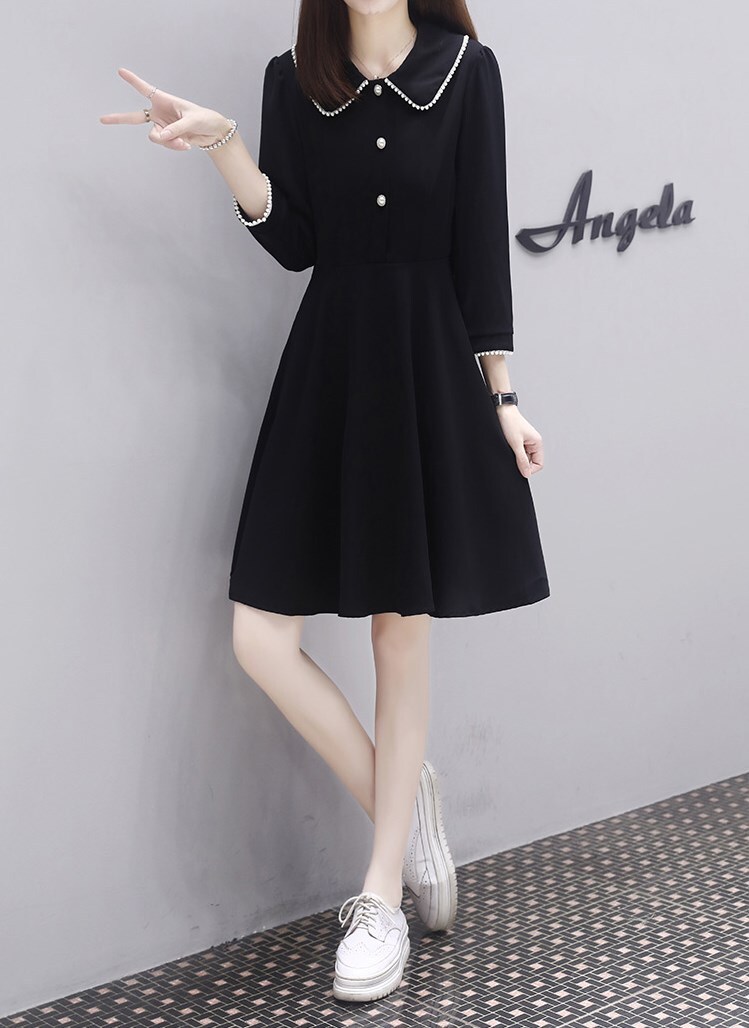 ワンピース 膝丈 ひざ丈 膝上 長袖 襟付き かわいい 大人可愛い きれいめ シンプル 大人 上品 おしゃれ お洒落 大人可愛い 大人女子 ラブリー キュート ガーリー 無地 秋 冬 10代 20代