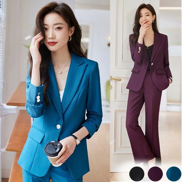 スーツ レディース 大きいサイズ 通勤 事務服 就活 就職活動 面接 仕事着 フォーマル 上下セット 長袖 オフィス ビジネス 事務服 制服 おしゃれ 無地 黒 紫色 青 大きいサイズ S M L 2