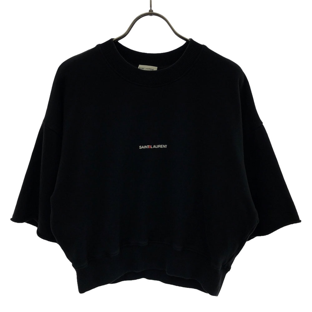 サンローラン フランス製 ロゴプリント 5分袖 ショート丈 スウェット トレーナー XS ブラック SAINT LAURENT カットソー レディース