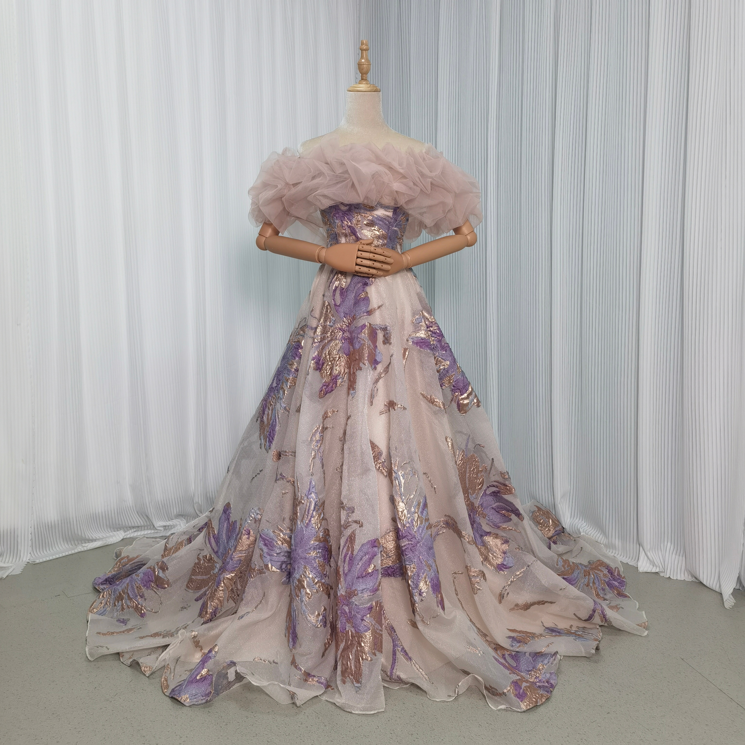 パーティードレス オーキッド 取り外しオフショルダー プリント模様 披露宴 優しい エレガント