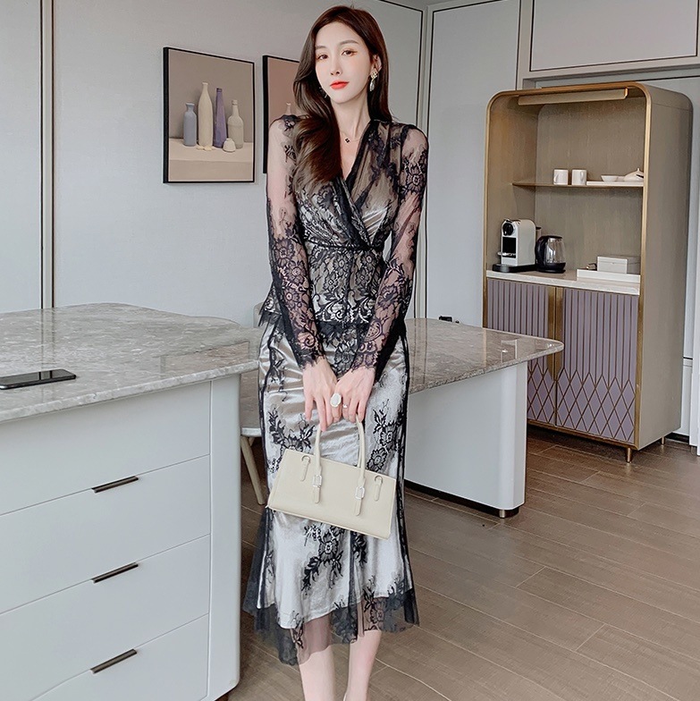 セットアップ 膝下 ミモレ ミモレ丈 袖あり 長袖 Vネック スリム タイト 細身 レース 刺繍 フリル ウエストマーク 透け感 シースルー 上下セット 2点セット ツーピース かわいい 大人