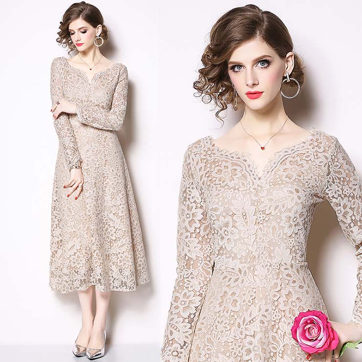 【4,923円クーポン利用で 9/20まで】 ロング総レース長袖デザインワンピース パーティードレス ワンピース 結婚式 披露宴 卒業式 入学式 発表会 二次会 フォーマル 20代 30代 40代 大