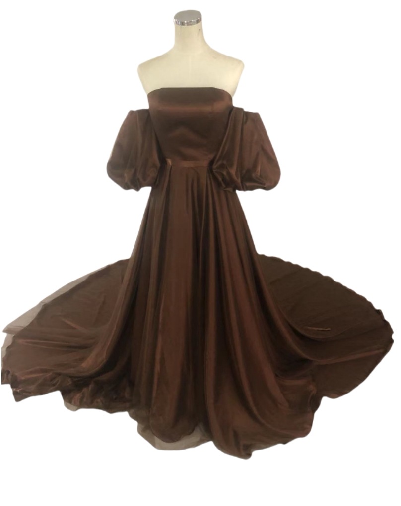 カラードレス ブラウン パフスリーブ チュールスカート ロングトレーン 編み上げ 2次会/合コン