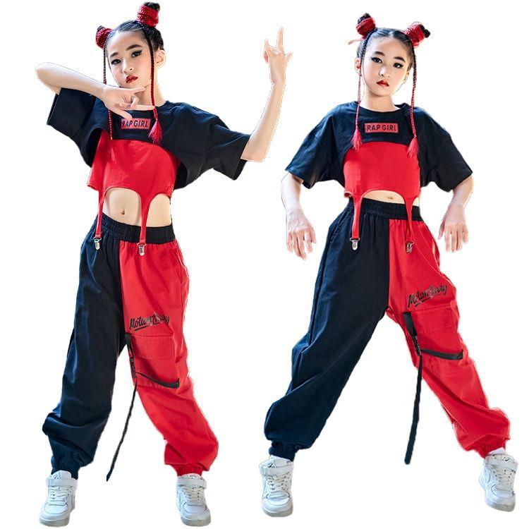 キッズ ダンス衣装 セットアップ チアガール 女の子 ヒップホップ チア 中華風 ブラック レッド ダンス ガールズ チアガール 半袖 ストリート 10CM