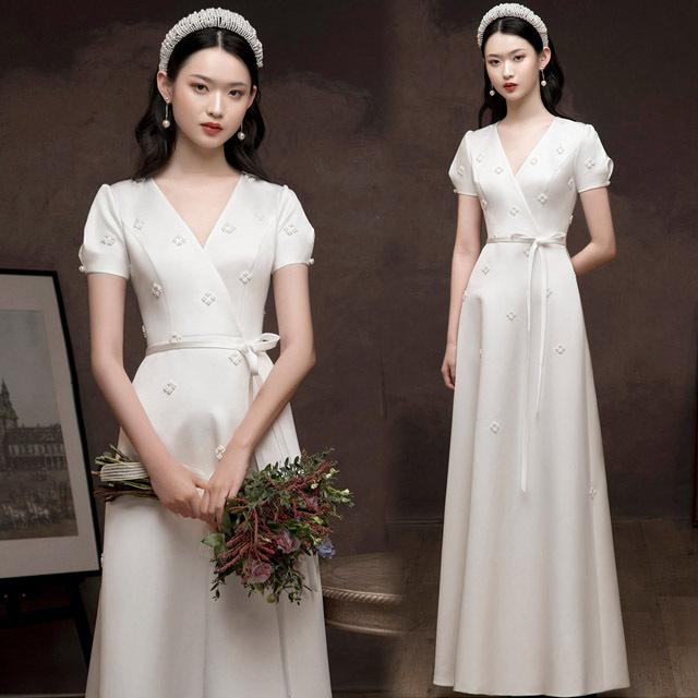 ホワイト 二次会ドレス Vネック リボン サテン ウェディングドレス 袖あり 結婚式ドレス ロングドレス 披露宴 撮影 白 イブニングドレス パール エレガント