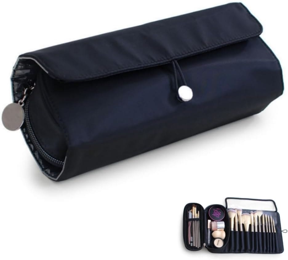 旅行用 ロールアップ折りたたみ式 多機能プロ仕様 メイクブラシ・コスメ収納バッグ (ブラック)