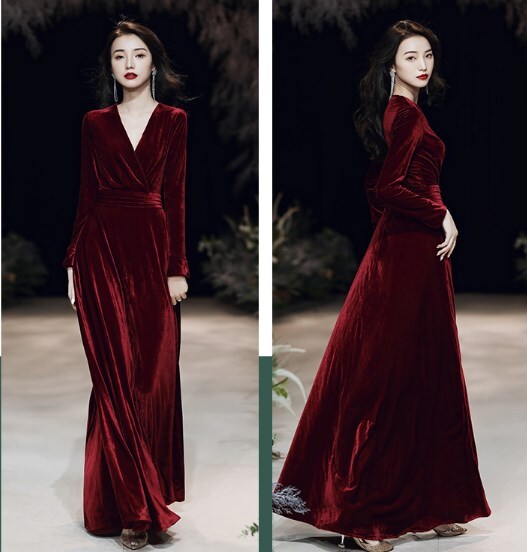 ワインレッド夏ドレススカート女性ビッグサイズプレミアム感 ワンピース ワンピドレス ロング丈 長袖 Vネック ストレート プリーツ ファスナー ハイウエスト 大人可愛い きれいめ シンプル 大人 上品