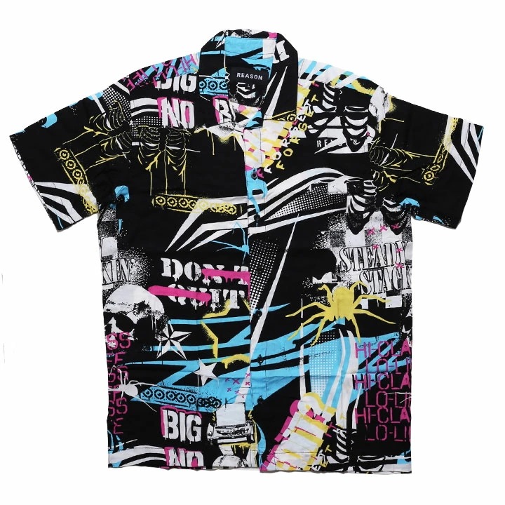 REASON 半袖シャツ メンズ 春夏用 黒 大きいサイズ リーズン 柄シャツ アロハシャツ おしゃれ 総柄 大人 80年代風 スポーツカー 車 アメ車 スカル