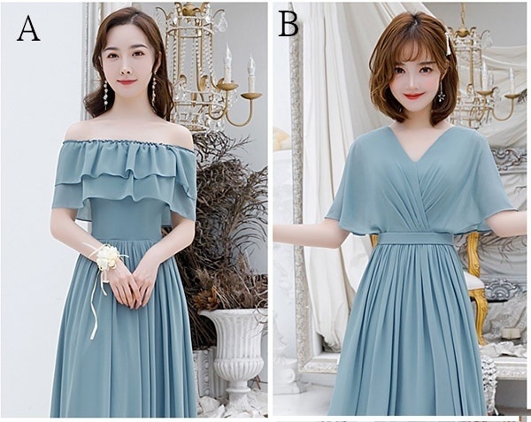 ワンピースドレスドレス結婚式ワンピース ロング ブライズメイドドレス ドレス Aライン パーティー ブルー 大人 リゾートワンピ フレア ドレス ブライズメイド お呼ばれ 発表会 4タイプ オ ハ