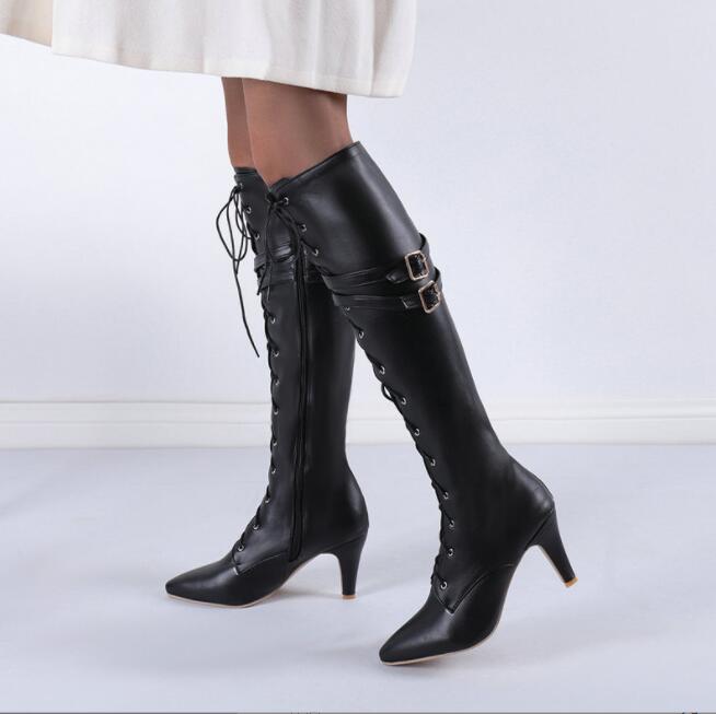 レディースブーツ　ロングブーツ　エンジニアブーツ　8.5センチ　超ハイヒール　編み上げブーツ　レースアップ　ロング丈　　秋冬　春秋　大きいサイズ　28.5cmまで　小さいサイズ　 スーパーロングブーツ