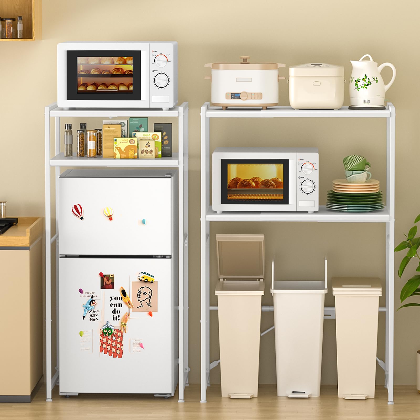 【横幅伸縮60～80cm】ゴミ箱上ラック YDH レンジラック 高さ125cm 耐荷重50Kg レンジ台 キッチン ゴミ箱 収納 可動棚8段階調節 レンジボード 食器棚 オープンラック ゴミ箱 収納