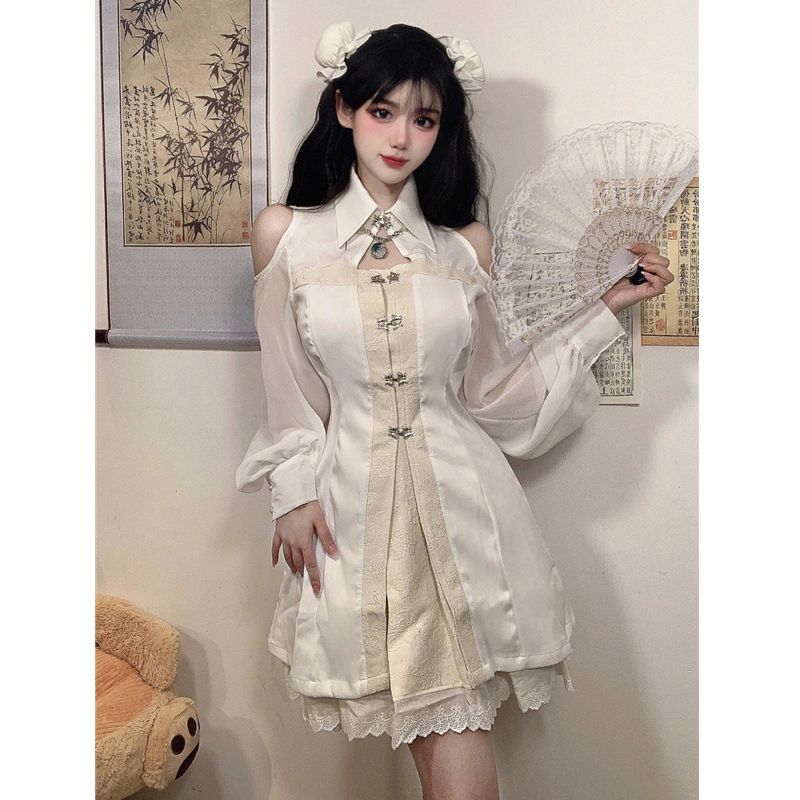 ドレス新中国風肩出し長袖ワンピ30%までに制限ース秋冬新作ウエスト見せスリム半身スカート2枚セット女 ハロウイン
