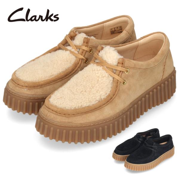 クラークス レディース 厚底 モカシン レースアップ シアリング レザー スエード トーヒルビー ブラック 黒 サンド Clarks Torhill Bee 26179110 26179