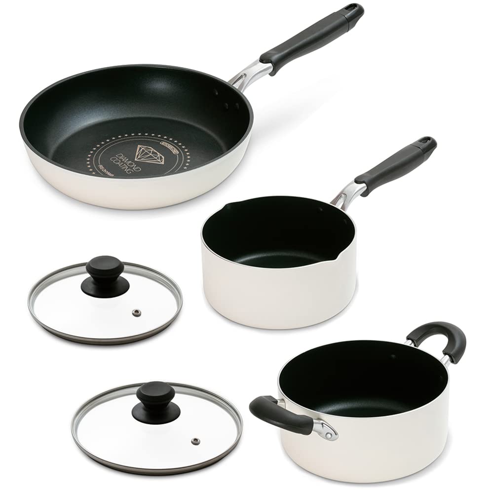 アイリスオーヤマ フライパン 鍋 フライパンセット 5点 片手鍋 両手鍋 蓋つき ふた付き ガラス蓋 フタ ダイヤモンドコート セット 一人暮らし 2人用 DCI-FP5S ホワイト