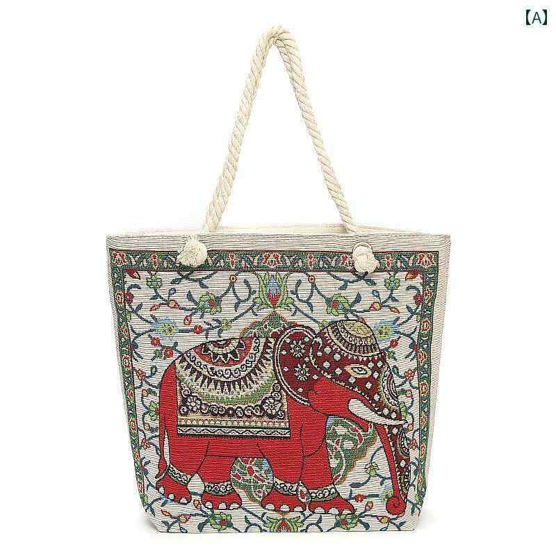 エスニック バッグ トート 鞄 レディース アジアングッズ 民族風 手持ちカバン カジュアル 旅行 ショッピング キャンバス レトロ ファスナー開閉 大容量 おしゃれ 刺繍 ゾウ 赤