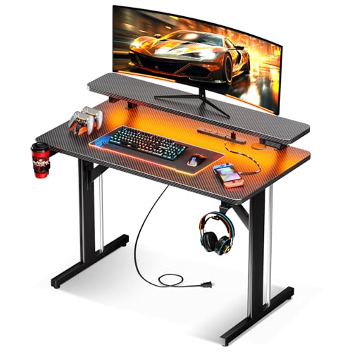LEDライト付きゲーミングデスク 幅80cm ブラック