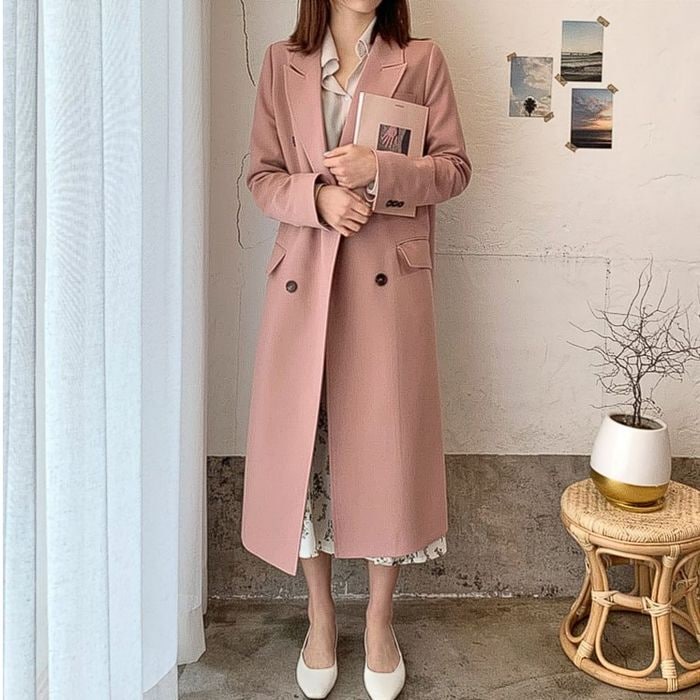 アウター レディース コート 3カラー XS S M L XL 2XL 韓国 ロングコート ベージュ ピンク ブラック カラバリ 長袖 ラペル 襟付き ポケット チェスターコート ロングコート 無地
