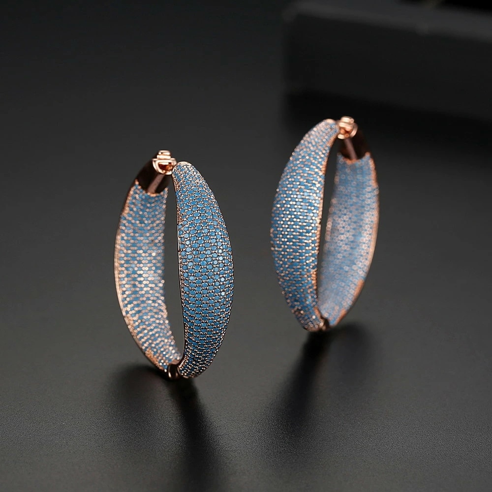 ピアス 両耳用 レディース キュービックジルコニア ブルー 真鍮 ピンクゴールド フープ 大きめ 大