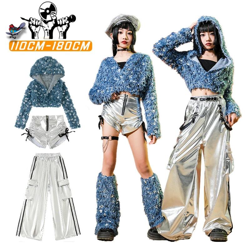 韓国 k-pop HIPHOP キッズ ダンス衣装 キラキラ スパンコール シルバー セットアップ 女の子 上下セット 長短パンツ 子供服 演出服 へそ出し ヒップホップ チア 5,556円