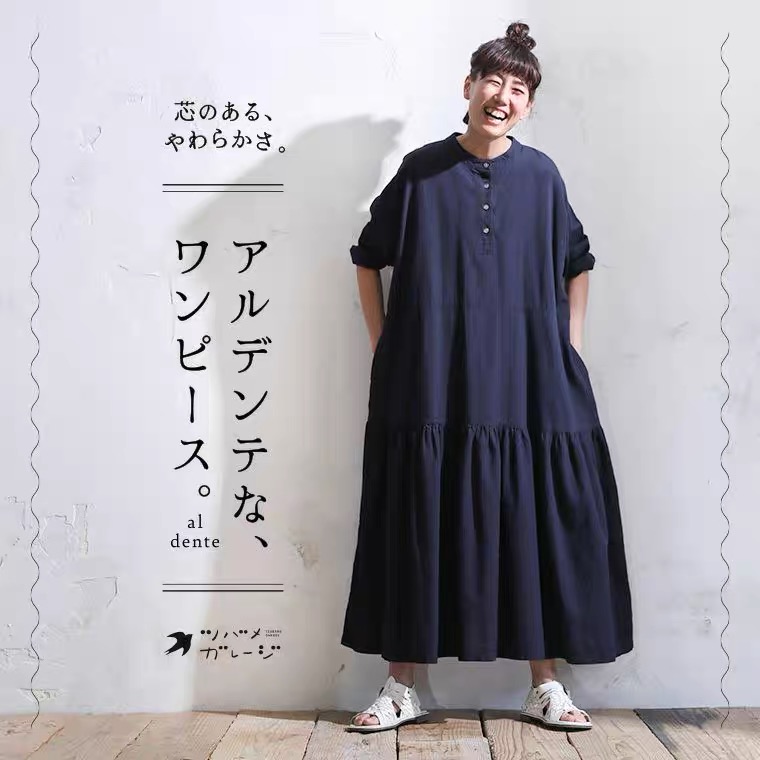 soulberryワンピース レディース ロング フレア Aライン 长袖 パフスリーブ ノーカラー キーネック 麻混 リネン混