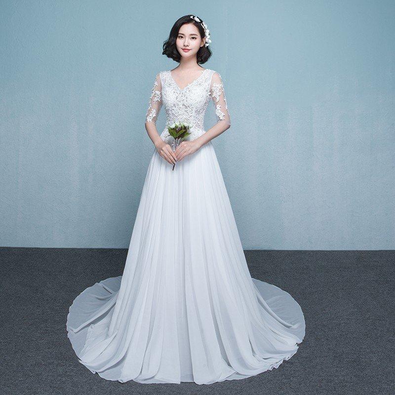 ウエディングドレス aライン 白 袖あり 格安 ウェディングドレス 花嫁 結婚式 ブライダル パーティードレス 二次会 ブライダル ロングドレス イブニングドレス