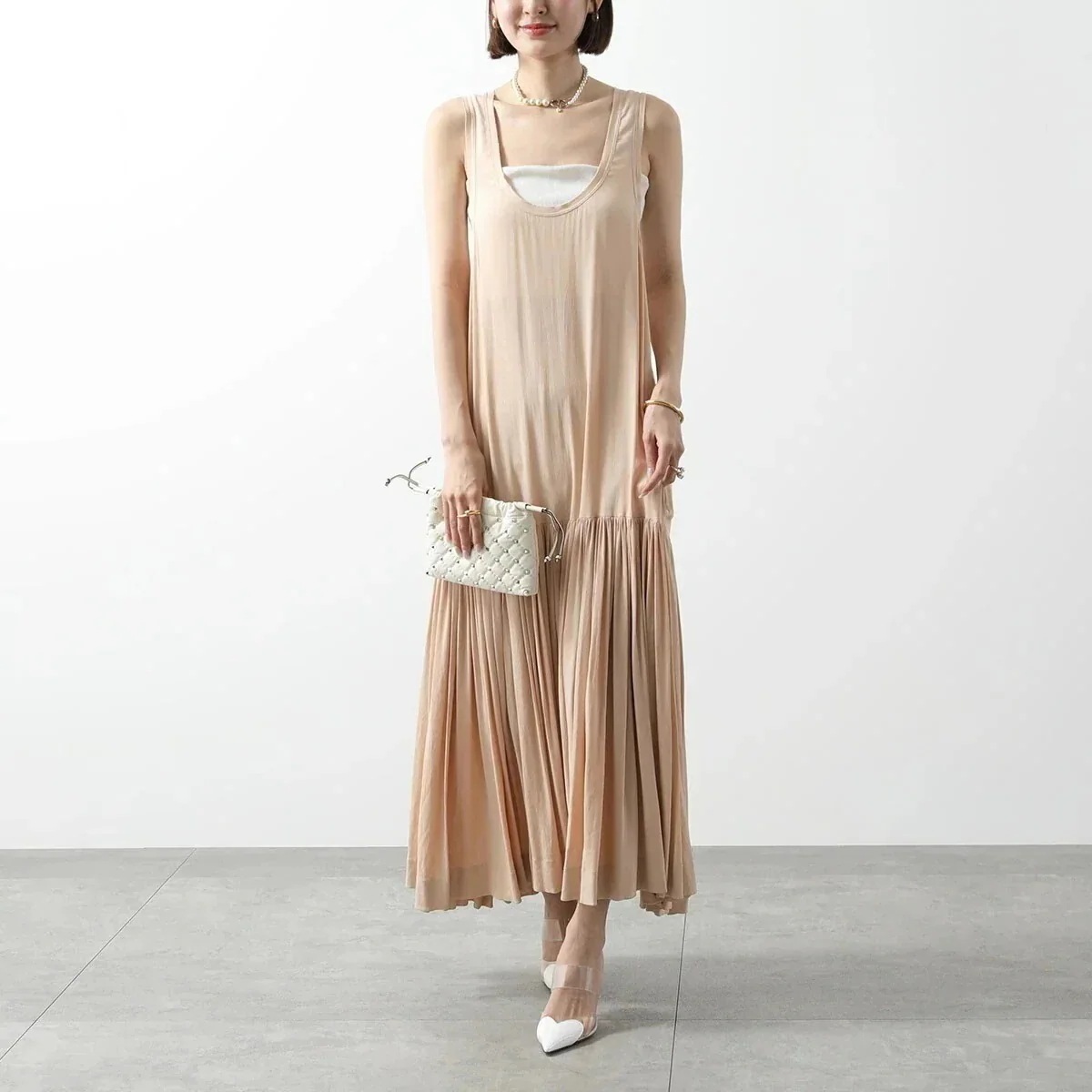 N21 ヌメロヴェントゥーノ ワンピース H141 5A10 レディース フレア ギャザー 切替 Aライン ドレス ノースリーブ ロング丈 ロゴ プリーツ 41