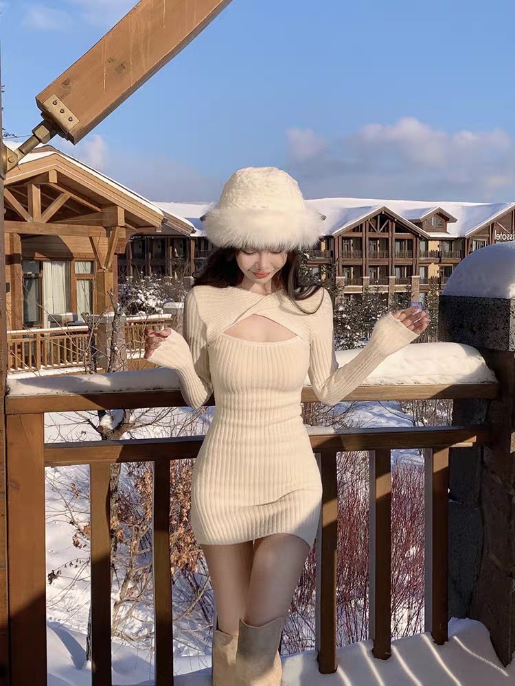 気質優しいスタイルのホルターネック純粋な欲望キンクドレス女性のための春スリムフィットニットスカートB49