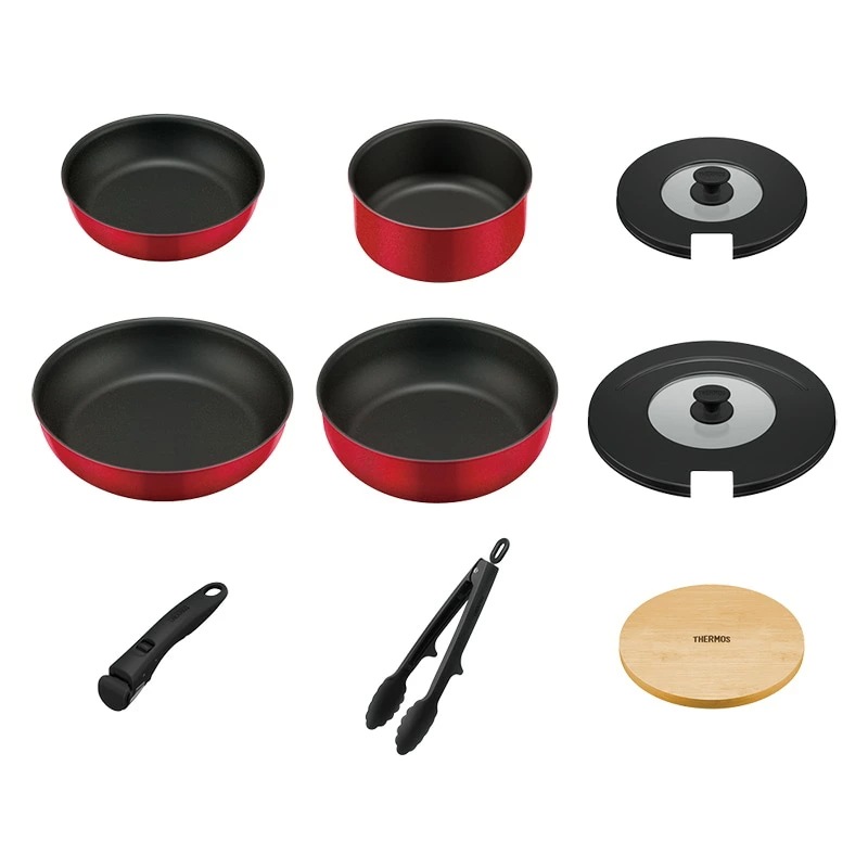 サーモス フライパンセット 取っ手のとれるフライパン9点セット IH対応 デュラブルシリーズ レッド KSA-9A R フライパン26cm 炒め鍋24cm 鍋18cm シリコン蓋