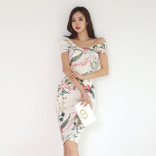 キャバドレス ナイトドレス ミディアムドレス オフショルダー タイト ワンピース 花柄 伸縮性 レディース グラシア