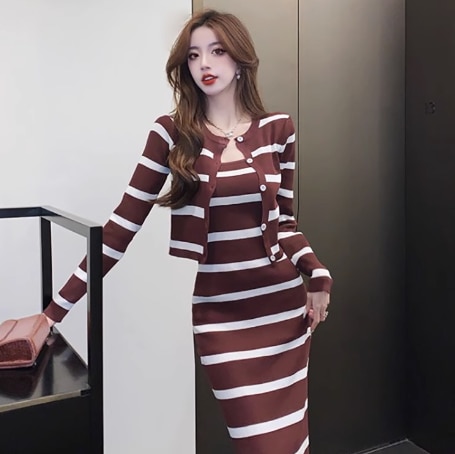 2点セット レディース ワンピース ニット カーディガン ロング ノースリーブ 長袖 クルーネック 襟なし ボタン 伸縮性 かわいい 大人可愛い きれいめ シンプル カジュアル 上品 おしゃれ 5,314円