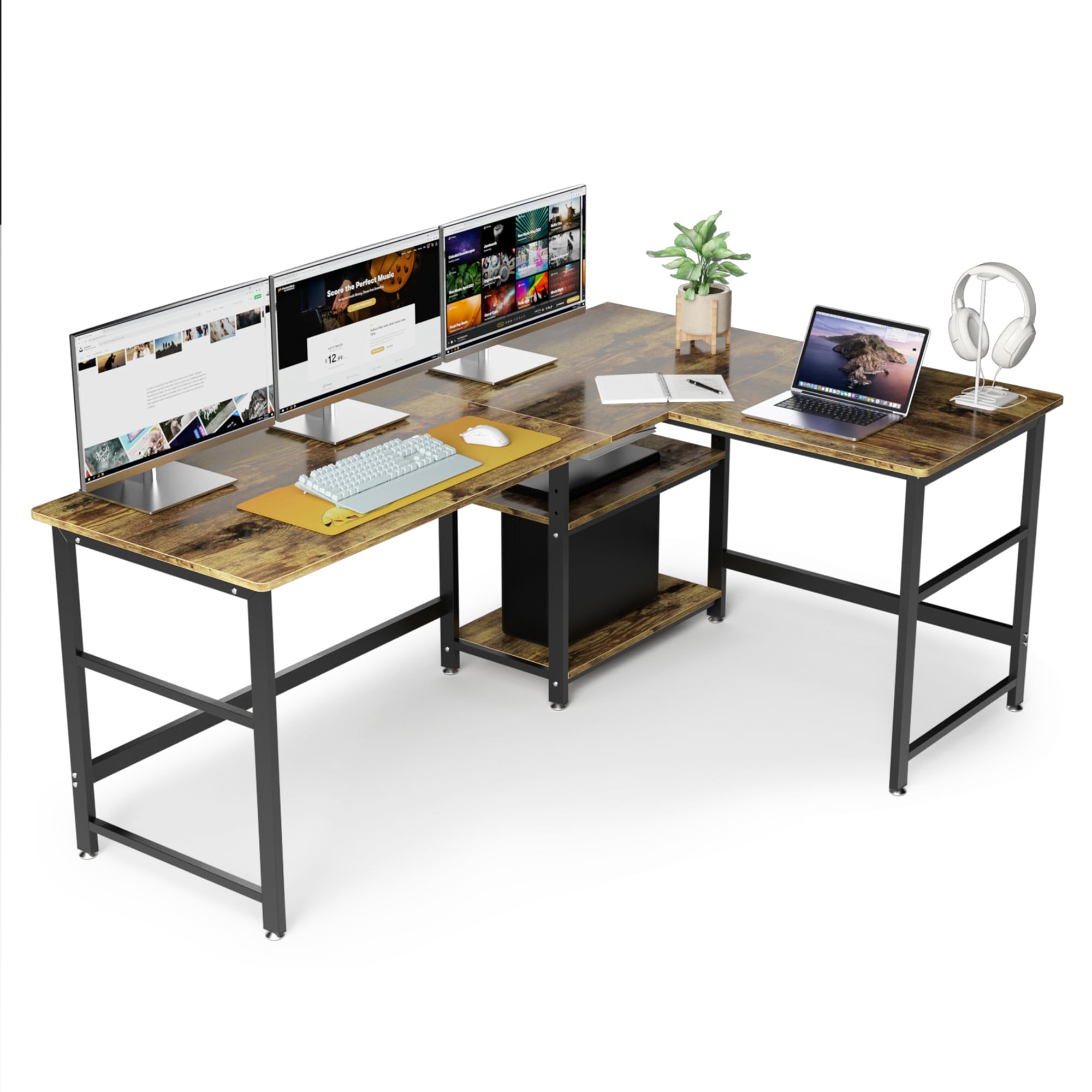 字デスク パソコンデスク 机 幅180+120cm 奥行60cm PCデスク ゲーミングデスク オフィスデスク 収納ラック付き L字型 棚高さ調整可能 作業机 勉強机 (ブラウン) 59308