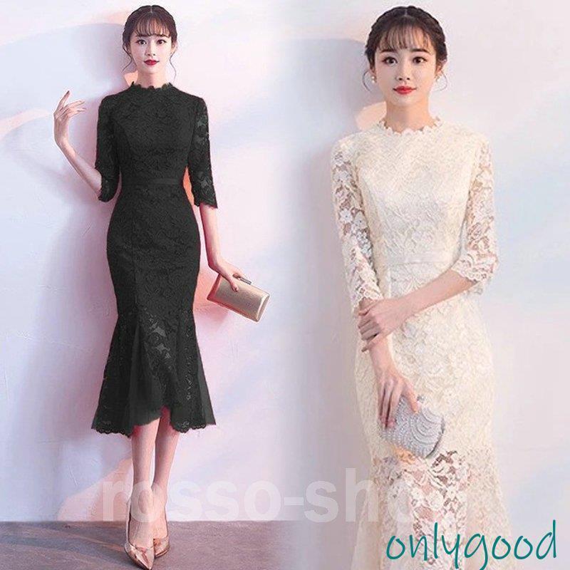 ドレス マーメイドドレス ワイン赤 レースドレス ミモレ丈 結婚式 二次会 お呼ばれ ゲストドレス 総レース 7分袖 緑 パーティードレス 30代 6色