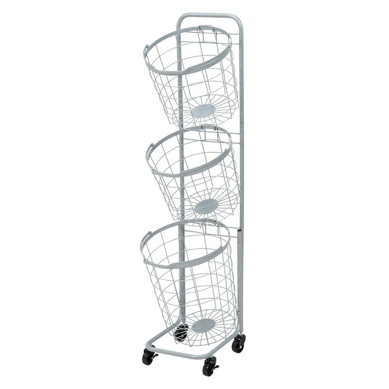 ３段ランドリーラック（丸型/スカイグレー）　KR-3973GY持ち運べるバスケットが便利縦型収納で省スペースに洗濯物を分別できます
