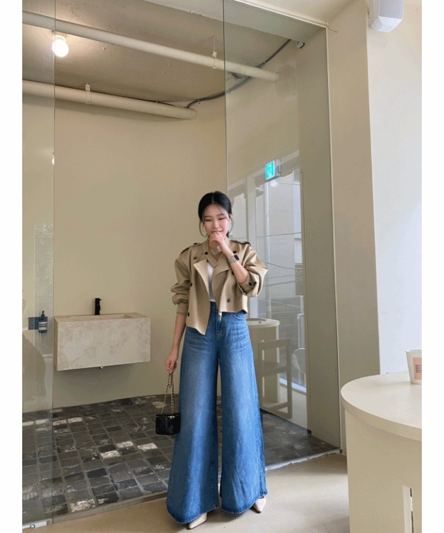 [完全おすすめ] ダブルボタン クロップ ショート トレンチ コート 2color ブラック ベージュ 季節の変わり目ジャケット