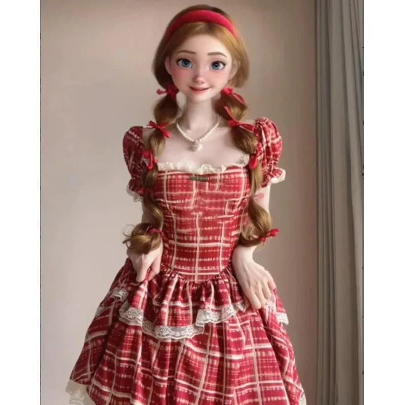 ティーブレイクレッドチェック柄パフスリーブドレスレディースサマーヴィンテージファーストラブドレス