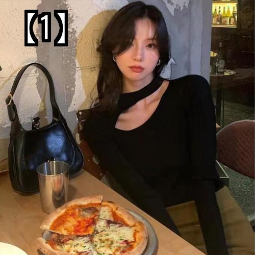 カットアウト トップス 韓国 秋 暖かい レディース チョーカーネック ニット スリム フィット 鎖骨 無地 シンプル おしゃれ セクシー 長袖 白 黒