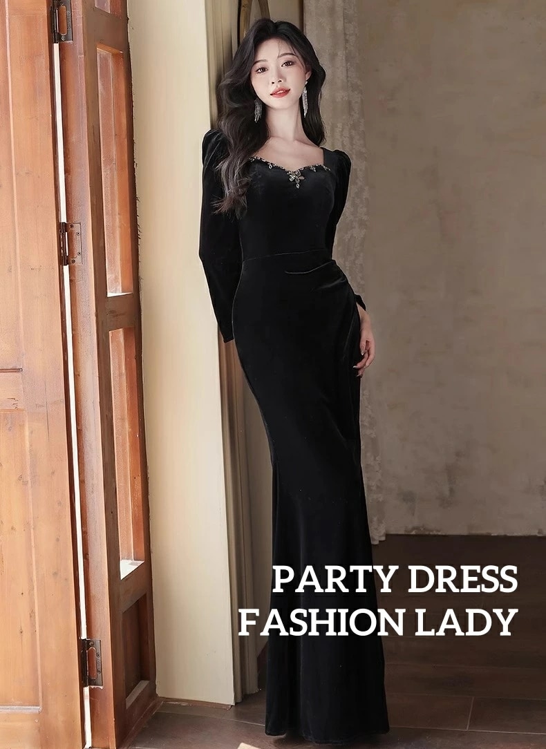 在庫セールレディースドレス ロングドレス 高級感 ブラック 着痩せ イブニングドレス ウェディングドレス 上品 きれいめ フィッシュテール お呼ばれ 披露宴 成人式 ロングスリーブ ファスナー 礼