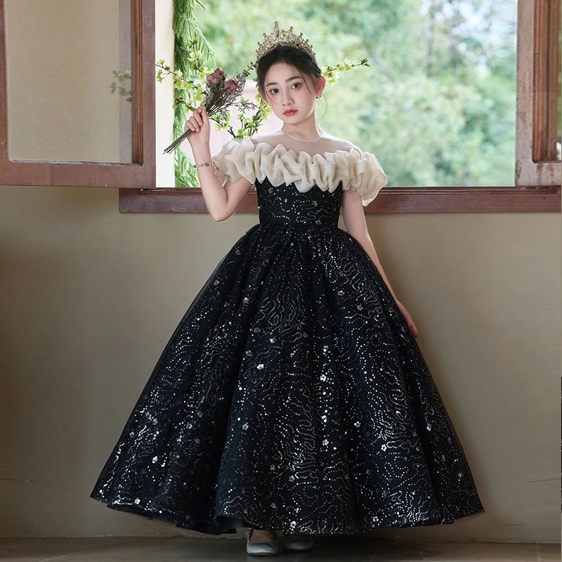デビューした新品子供ドレス ピアノ発表会ドレス オフショルダー ブラック 演奏会ドレス 女児ドレス ロングドレス 黒 刺・ スパンコール キラキラドレス キレイめ 子どもドレス キッズドレス 演出服