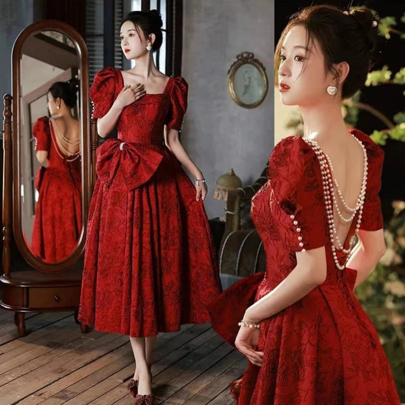 韓国ファッション フレンチサテン半袖カラートレーンラインドレス 結婚式 花嫁 ウェディングドレス 二次会 背中が開く パーティードレス ステージ 発表会 大きいサイズ披露宴
