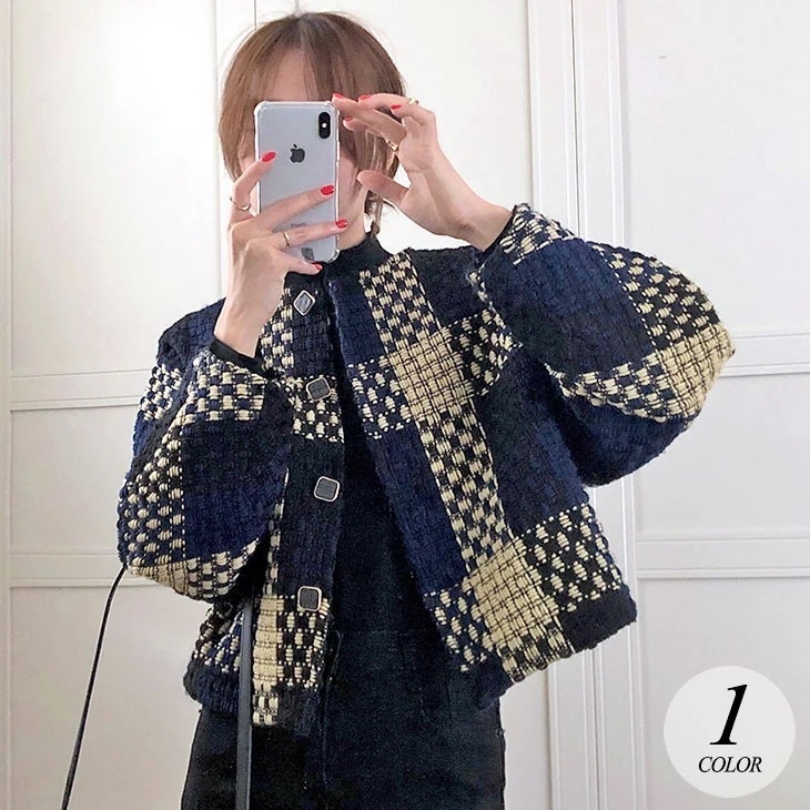 ノーカラー ツイードジャケット チェック柄 ツイード ショート丈 ジャケット ミックスカラー チェック アウター 羽織り 長袖 防寒 きれいめ 上品 可愛い ビジネス オケージョン 仕事 オフィス
