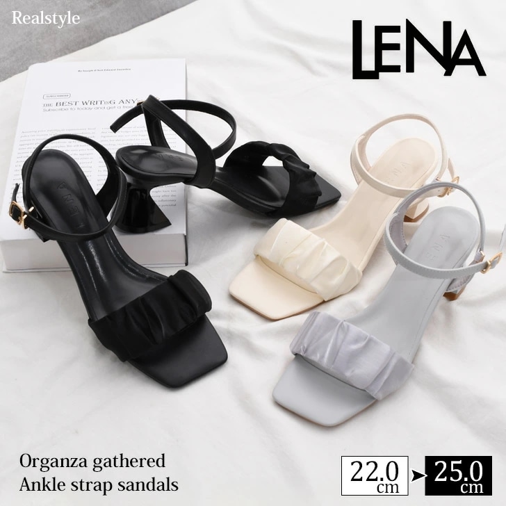 LENA スクエアトゥ オーガンジーギャザー アンクルストラップ サンダル レディース 疲れない 歩きやすい 脱げない 痛くない ミドルヒール ギャザー フェイクレザー おしゃれ かわいい サークルス 5,115円
