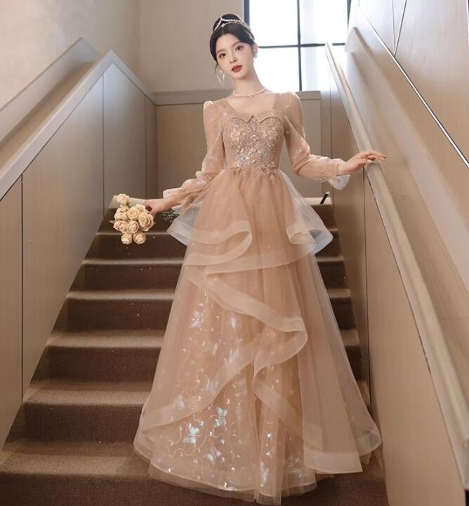 ロング丈ワンピース 長袖 Aラインドレス お嬢様 ロングドレス 韓国風 花嫁の介添え人 パーティードレス 高級感 プリンセスライン 結婚式 演奏会ドレス 着痩せ ピアノ 発表会 ステージ 衣装 セクシ