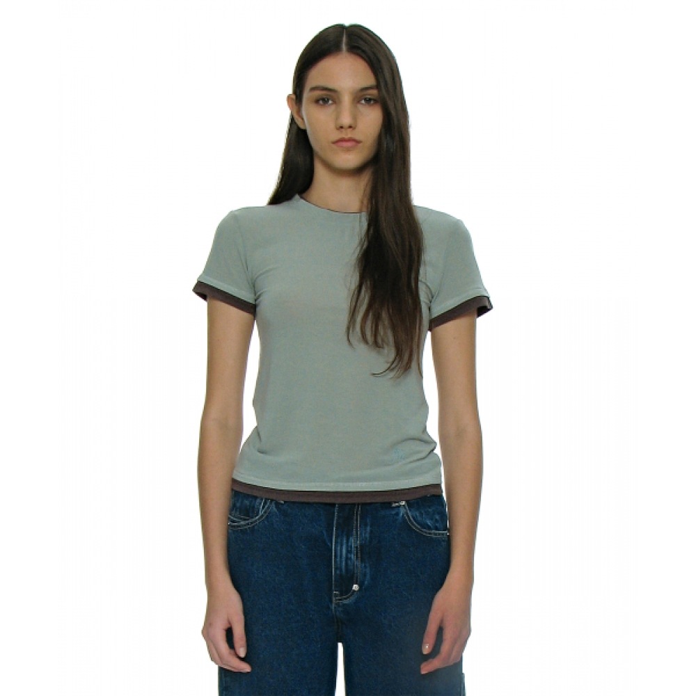 PARTIMENTO 女性用ソフトダブルレイヤーショートスリーブ Tシャツ_ダスティミント