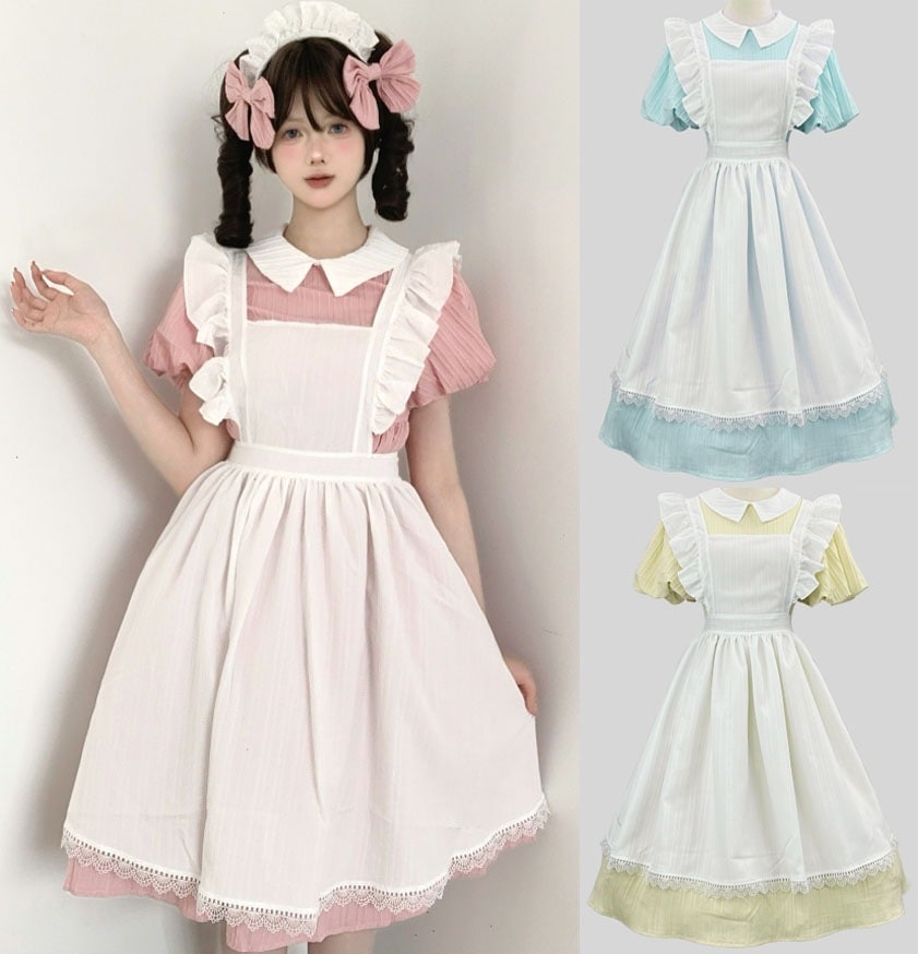 迅速な出荷 メイド服 大人 半袖 ミドル丈 ミモレ丈 メイドコスプレ衣装 レディース メイドコスチューム ハロウィン 衣装 カチューシャ リボン付き 可愛い 萌え萌え メイド エプロンドレス 仮装 変